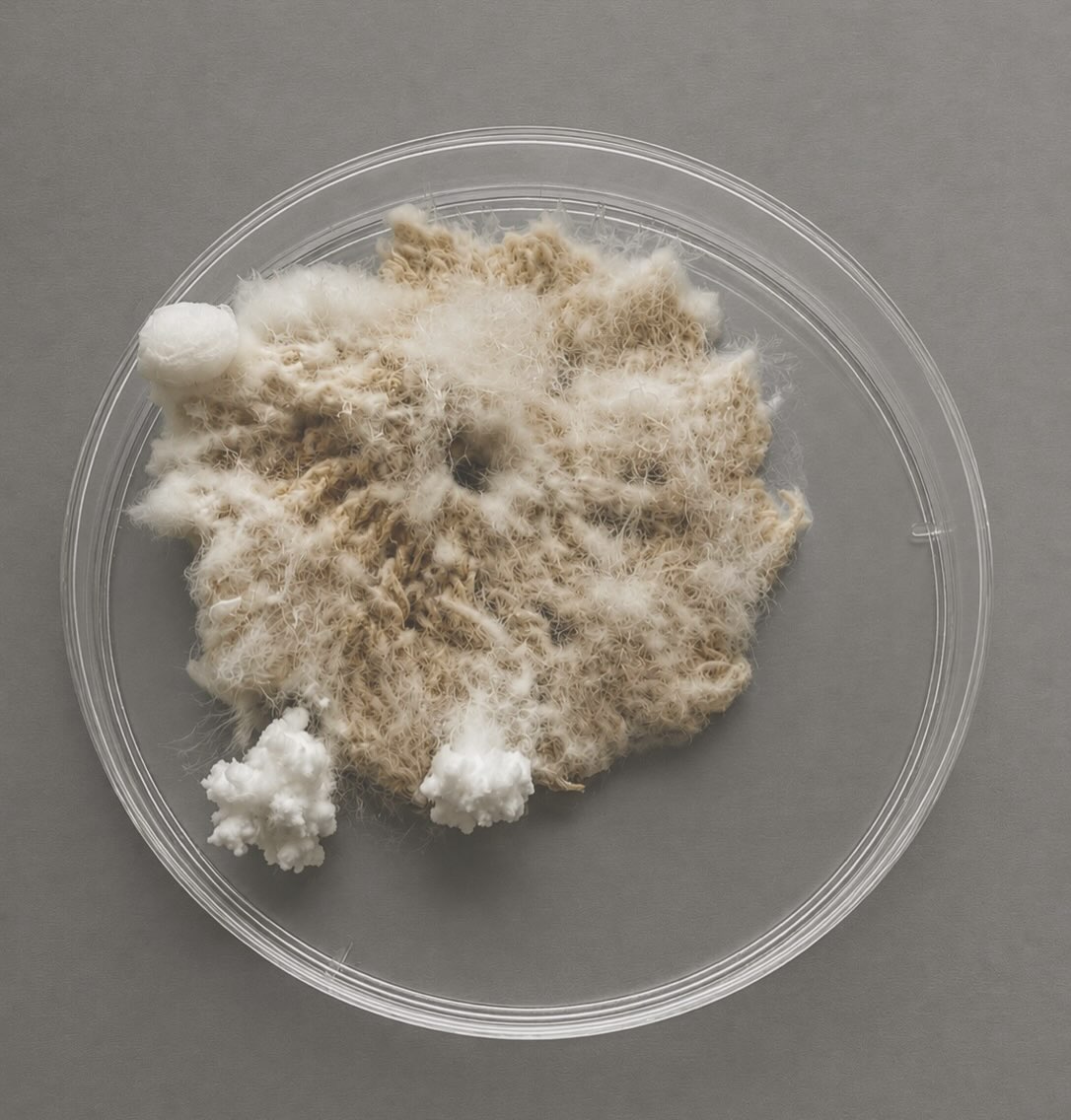 Micelio de Pleurotus creciendo sobre fibras textiles